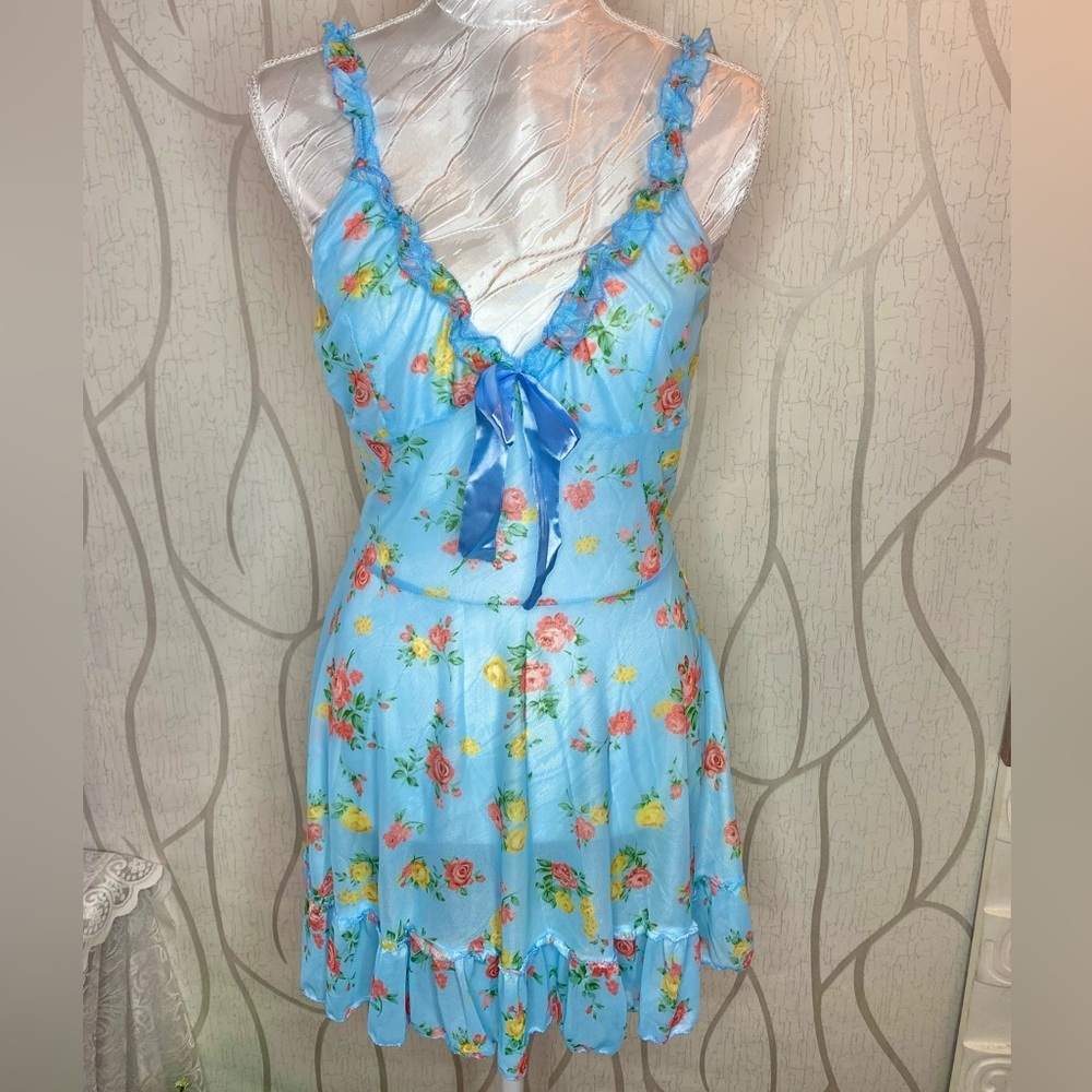 🎀🌷 Blue Orange & Yellow Floral Sheer Ruffle Night Dress Lingerie Set 🌷🎀 NWT